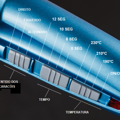 Dispositivo azul com controlos deslizantes e texto indicadores de configurações de tempo e temperatura