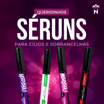 Quatro frascos coloridos de séruns para cílios e sobrancelhas com fundo roxo e texto promocional