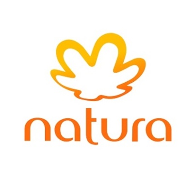 Logótipo da marca natura em cor laranja com símbolo abstrato