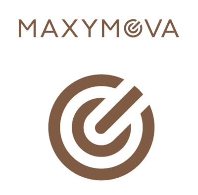 Logótipo MAXYMOVA com símbolo circular castanho