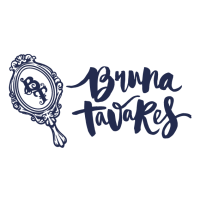 Desenho de espelho de mão e texto Bruna Tavares em azul