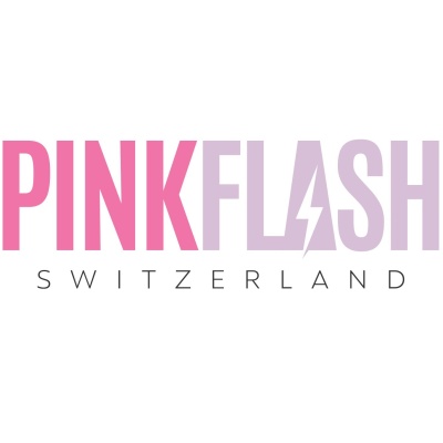 Logotipo PINKFLASH com símbolo de raio e texto SWITZERLAND
