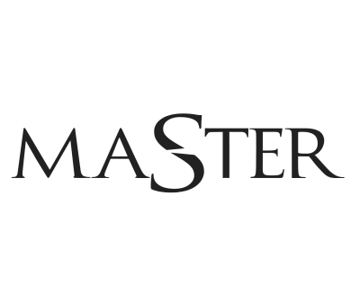 Logotipo da palavra MASTER em letras pretas com S estilizada