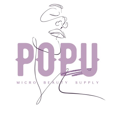 Logotipo com desenho de rosto feminino em traço contínuo e texto POPU MICRO BEAUTY SUPPLY