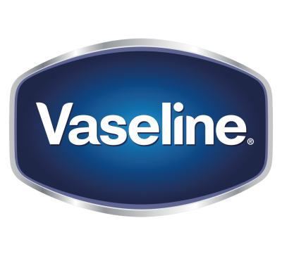 Logotipo azul escuro com texto Vaseline branco e contorno prateado