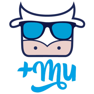 Logótipo de vaca com óculos de sol azuis e texto '+My'