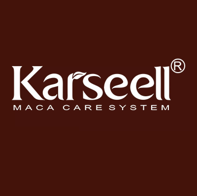 Logotipo Karseell MACA CARE SYSTEM em fundo castanho escuro
