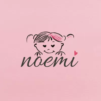 Desenho de rosto de menina com cabelo preto e mecha rosa sobre fundo rosa com texto noemi