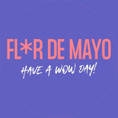 Texto colorido sobre fundo roxo com mensagem FL*R DE MAYO HAVE A WOW DAY!