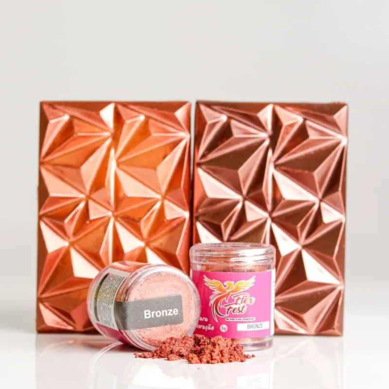 Produtos de pó bronze em frascos transparentes com fundos geométricos metálicos cor de bronze