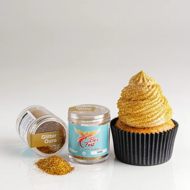 Frascos de glitter dourado e cupcake com cobertura dourada brilhante