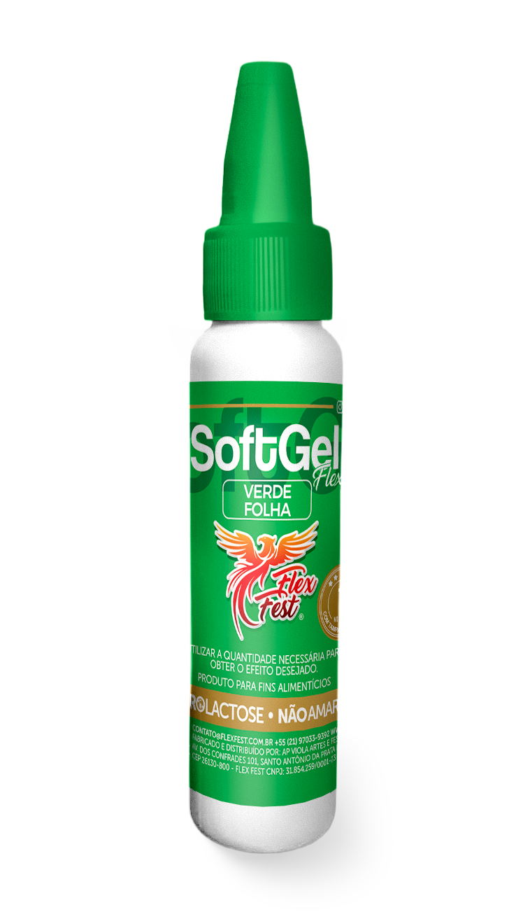 Soft Gel Flex Verde Folha 25g- 1 Unidade Frasco branco com tampa e bico verde, rótulo verde SoftGel Flex Verde Folha Flex Fest