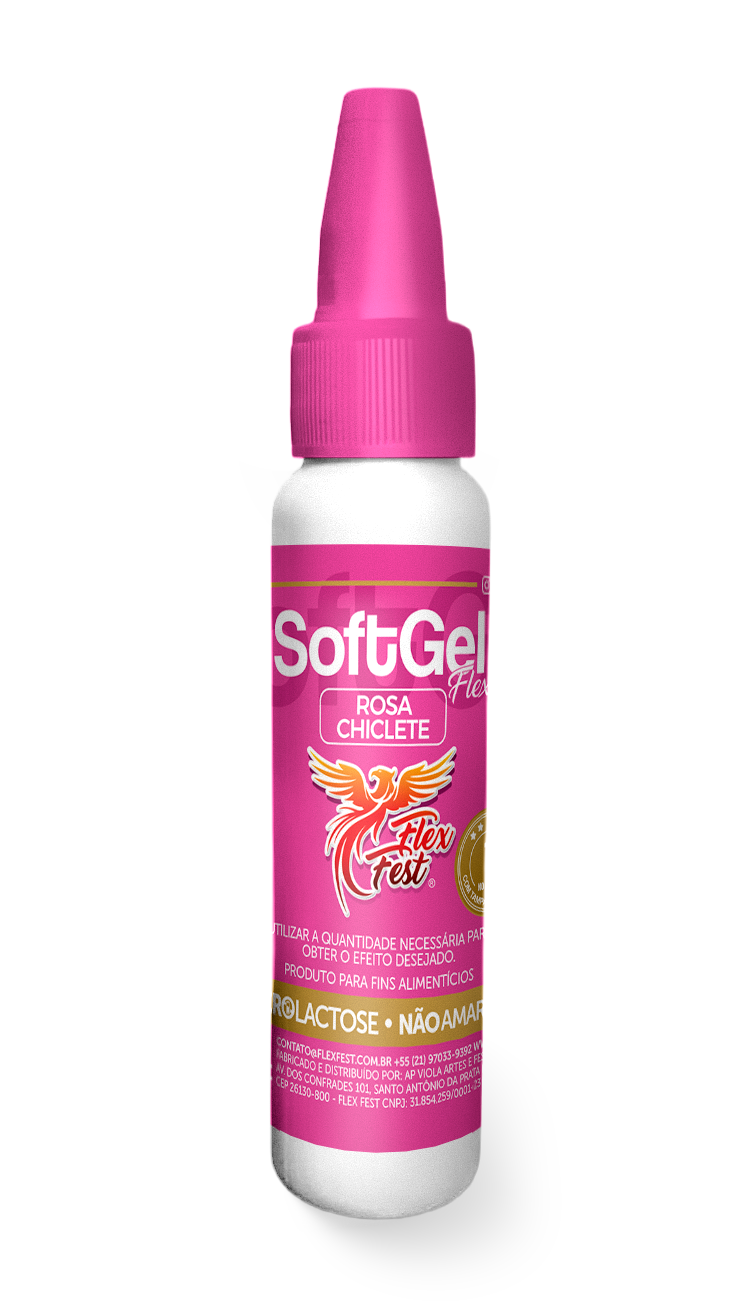 Soft Gel Flex Rosa Chiclete 25g- 1 Unidade Frasco SoftGel Flex sabor Rosa Chiclete com rótulo rosa e tampa rosa