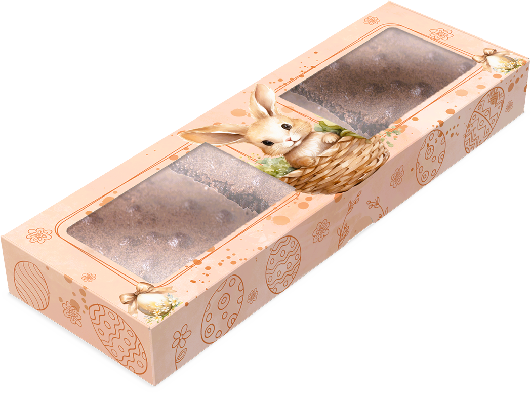 5421 Caixa Para 3 Brownies Coelhinho Encantado 10 Unidades Embalagem de cartão rosa claro com duas janelas transparentes e coelho decorativo contendo bolos ou pães de côco