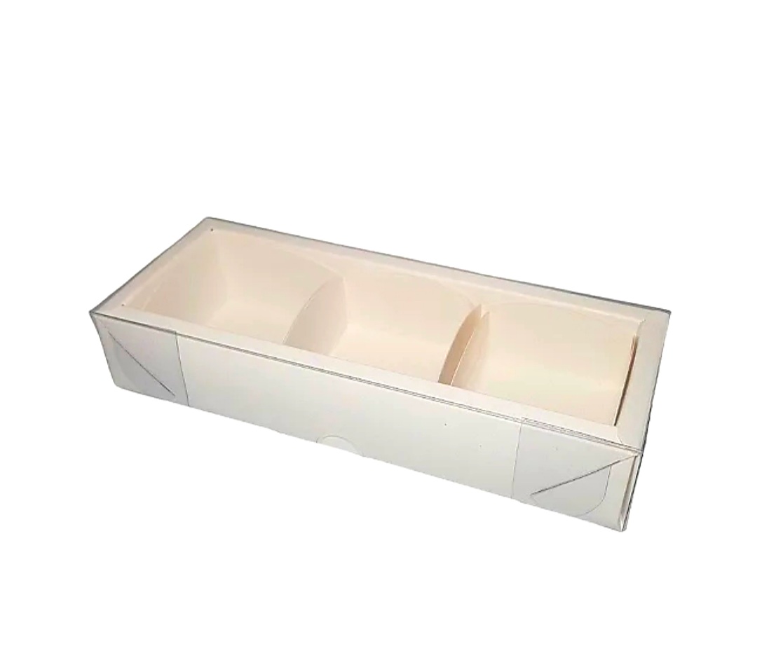 Caixa 3 Pães de Mel Retangular Branca com Tampa Cristal - 5 unidades Caixa branca de cartão com três divisórias internas