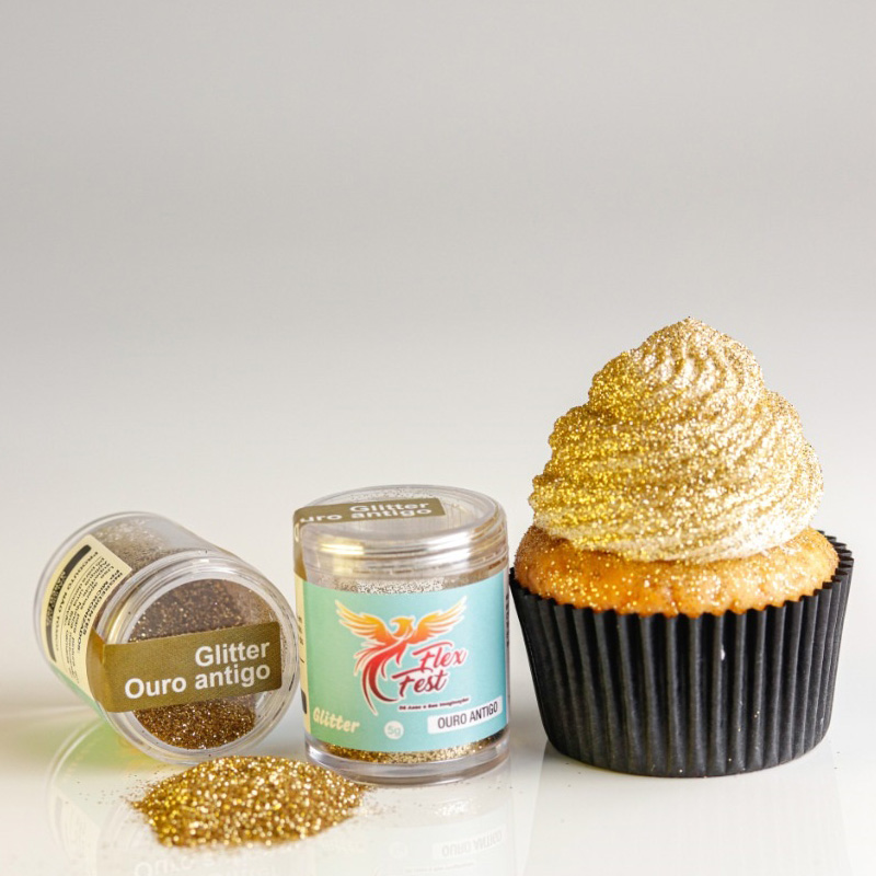 Recipientes de glitter ouro antigo e cupcake com cobertura dourada glitter