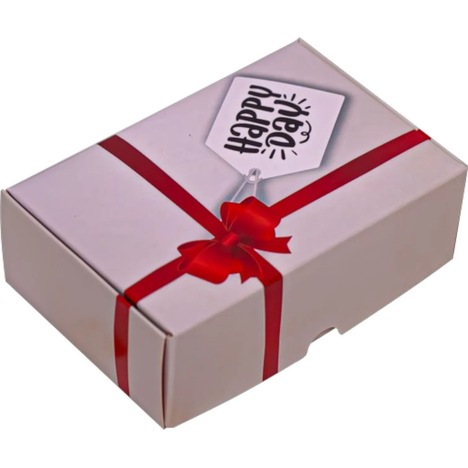Caixa de presente branca com fita vermelha e etiqueta 'Happy Monday'.