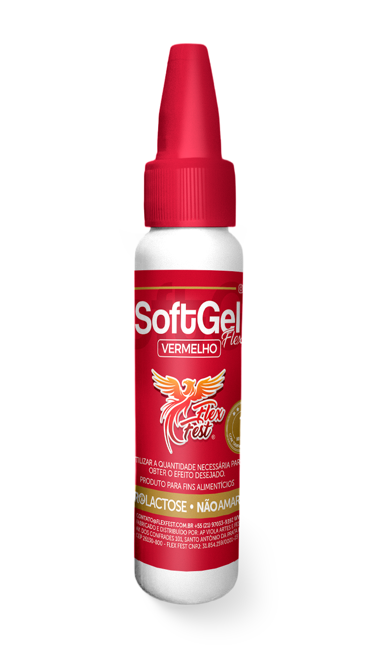 Soft Gel Flex Vermelho 25g- 1 Unidade Frasco branco com tampa e rótulo vermelho SoftGel Flex Vermelho com logótipo de fénix alada