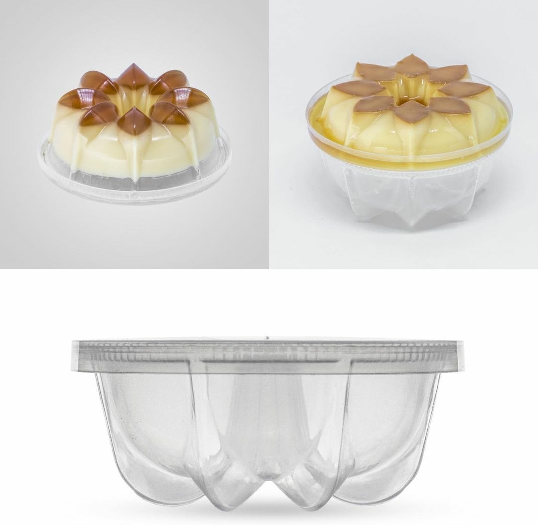 Molde de silicone para pudim e pudim em forma de pétalas, transparente e creme com castanho