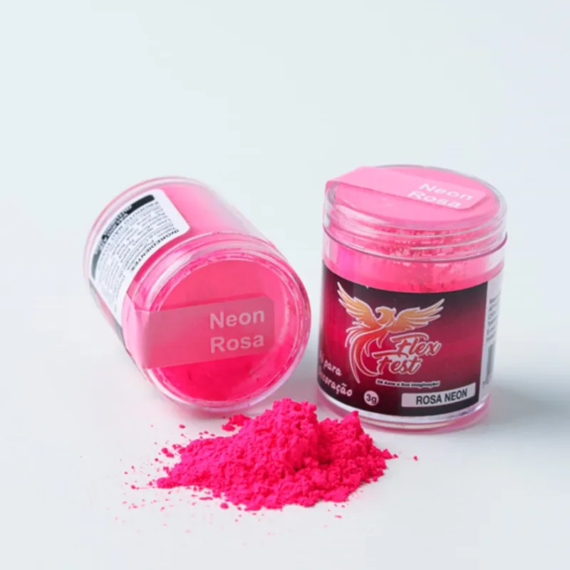 Frascos de pó neon rosa com rótulo preto e rosa, texto 'Neon Rosa' e 'Flex Fest'