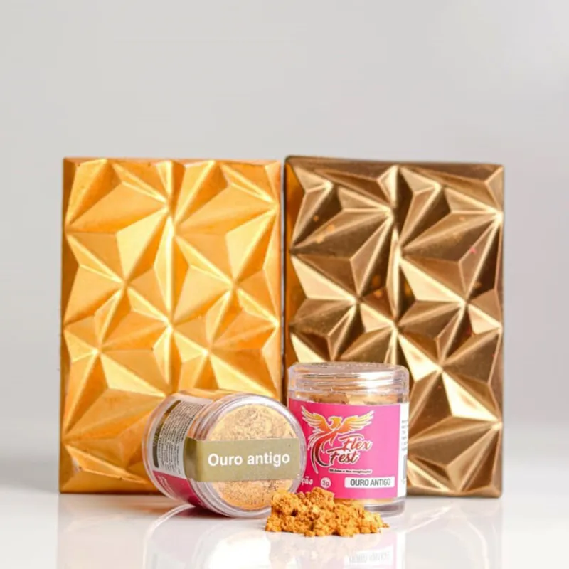 Barras de chocolate douradas e frasco com pó dourado 'Ouro antigo'
