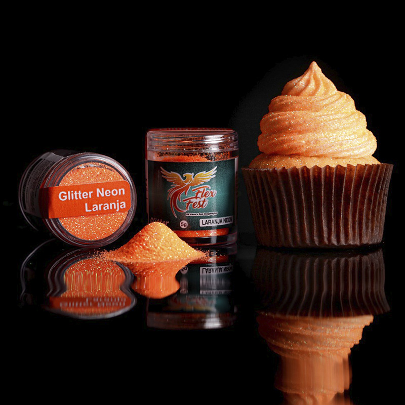 Frascos de glitter laranja neon e cupcake com cobertura laranja brilhante