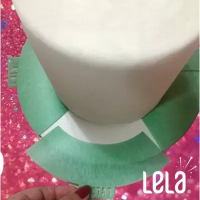 Rolo de papel branco sobre base verde com fundo rosa brilhante e texto Lela