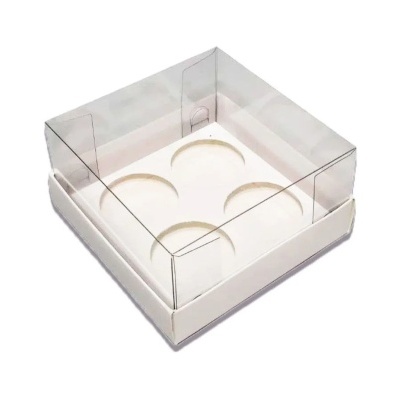 Caixa branca para 4 cupcakes com tampa transparente