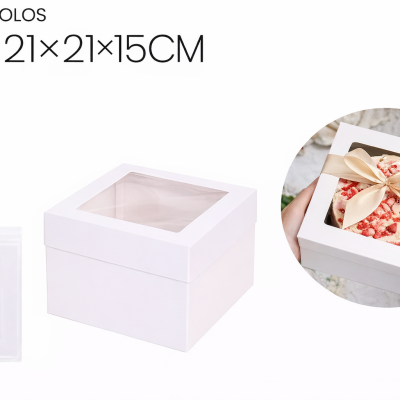 Caixa branca para bolos com tampa transparente