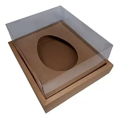 Caixa de embalagem de cartão castanho com tampa transparente e recorte oval interno