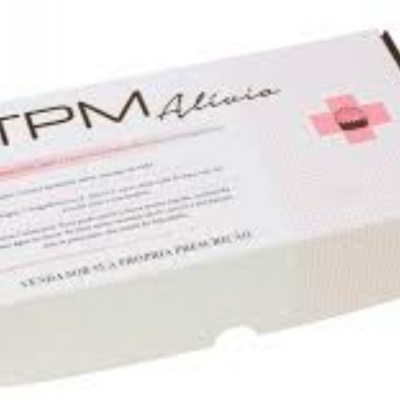 Caixa branca de produto TPM Allure com texto e símbolo rosa