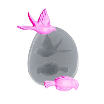 Molde de silicone cinzento com pássaros e figuras de pássaros cor de rosa