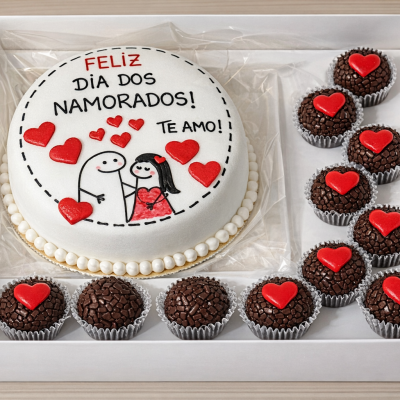 Bolo decorado e brigadeiros numa caixa branca