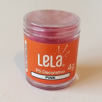 Frasco pequeno de pó decorativo rosa com etiqueta laranja