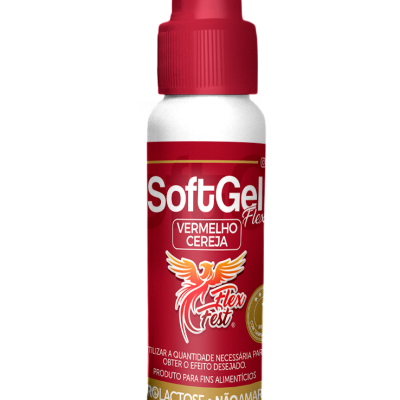 Frasco de SoftGel Flex vermelho cereja com tampa vermelha e texto branco.
