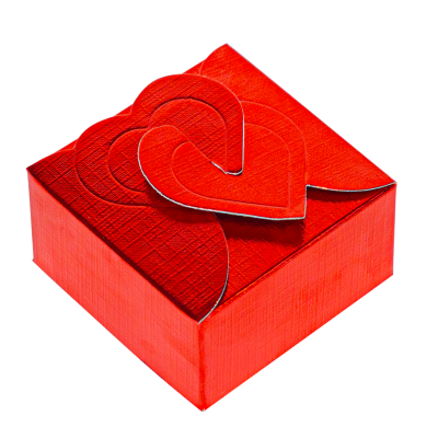 Caixa quadrada vermelha com tampa decorada com corações texturizados