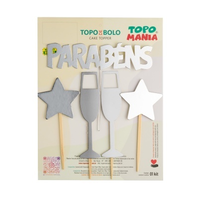 Topper para bolo em cartão com a palavra PARABÉNS, duas estrelas e dois copos de champanhe em tons de cinza e branco