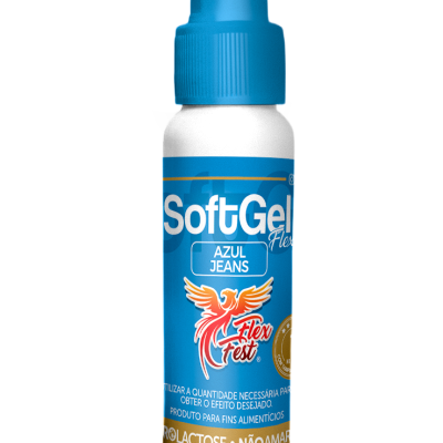 Frasco branco com tampa azul e etiqueta azul SoftGel Flex Azul Jeans