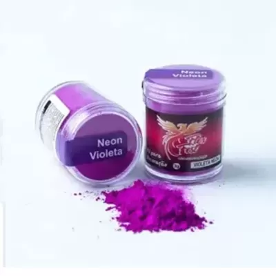 Frascos de pigmento violeta neon e pó derramado