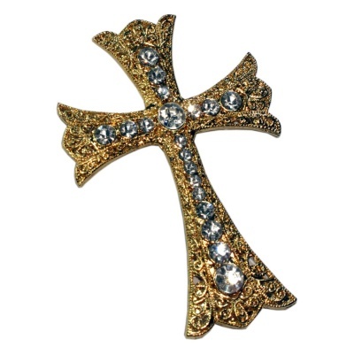 Cruz dourada decorada com pedras brilhantes sobre fundo branco
