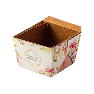 cesta de papel reciclado com padrão floral e texto em português