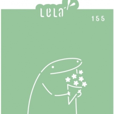Desenho branco de figura a segurar flores sobre fundo verde claro, texto 'lela' e número 155