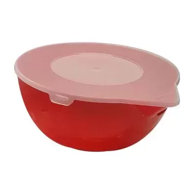 Tigela plástica vermelha com tampa rosa translúcida
