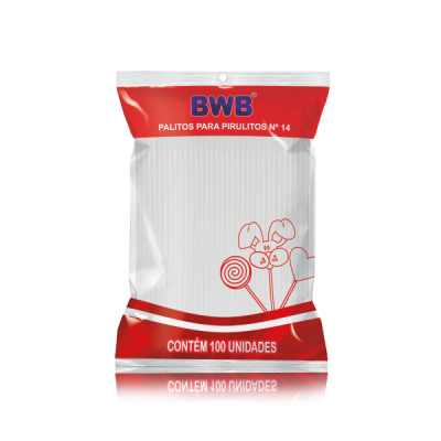 Embalagem plástica branca e vermelha de palitos para pirulitos BWB com texto e ilustração de pirulitos