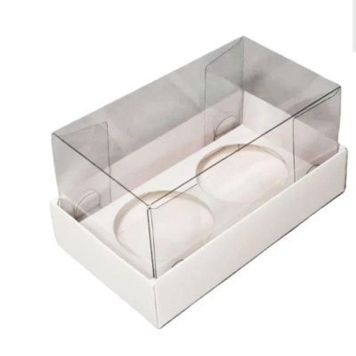 Caixa embalagem para dois copos com base branca e tampa transparente