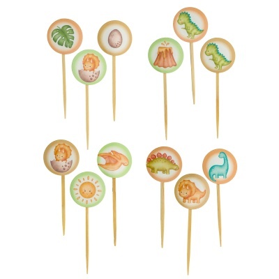 Toppers de bolo de madeira com desenhos de dinossauros e elementos da natureza