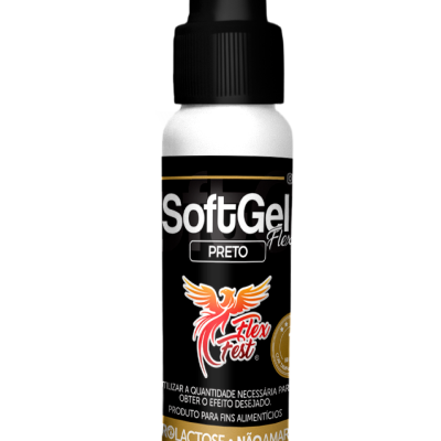Frasco de SoftGel Flex Preto da marca Flex Fest com tampa preta e rótulo preto e branco
