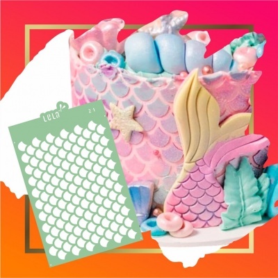 Bolo decorado com tema de sereia e molde para estampar escamas LULU