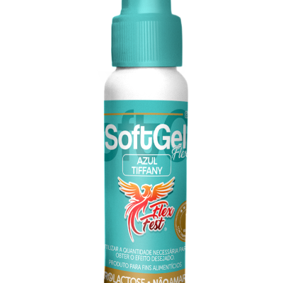 Frasco SoftGel Flex com tampa azul Tiffany e rótulo detalhado