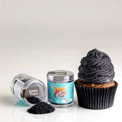 Frascos de glitter preto e cupcake com cobertura preta